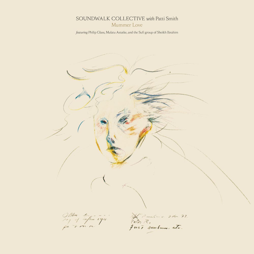 Portrait of Rimbaud by Patti Smith. Cover of the collaborative
                        album by Soundwalk Collective centred around the work of the poet.